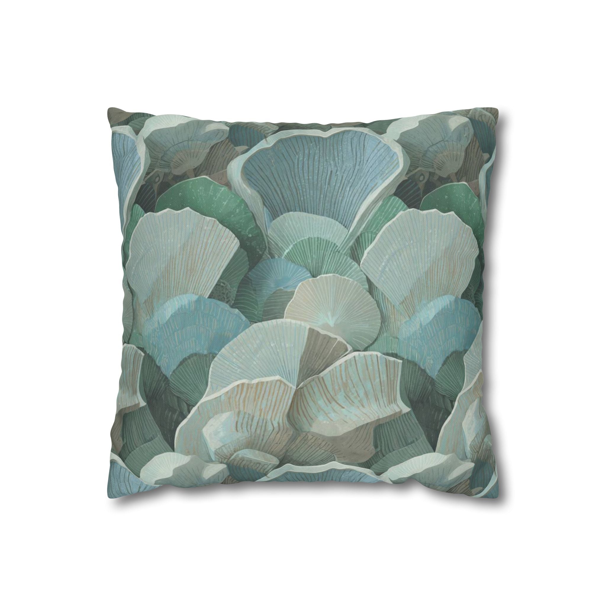 Teal Ginkgo Pattern Square Pillowcase — Botanical Coastal Throw Pillow Cover