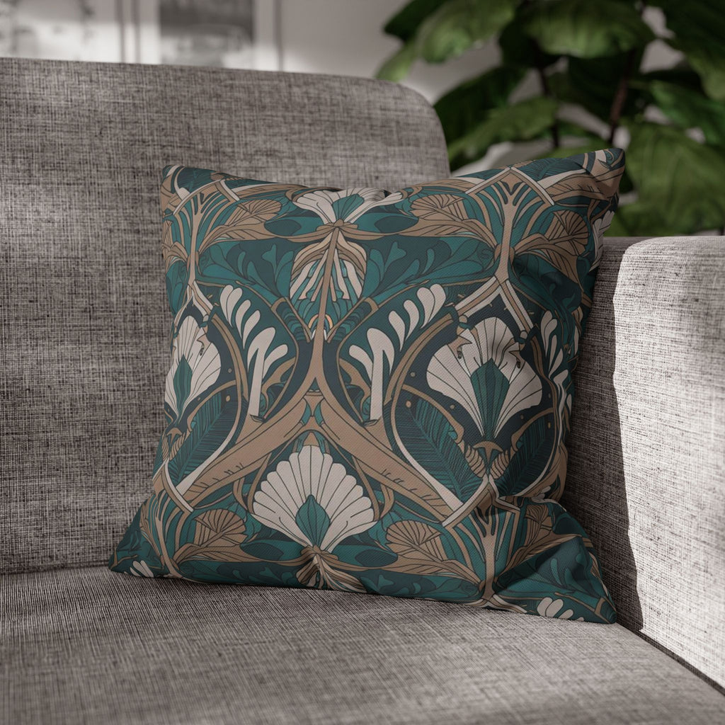 Art Nouveau Floral Square Pillowcase — Teal & Gold Decorative Throw Pillow Cover