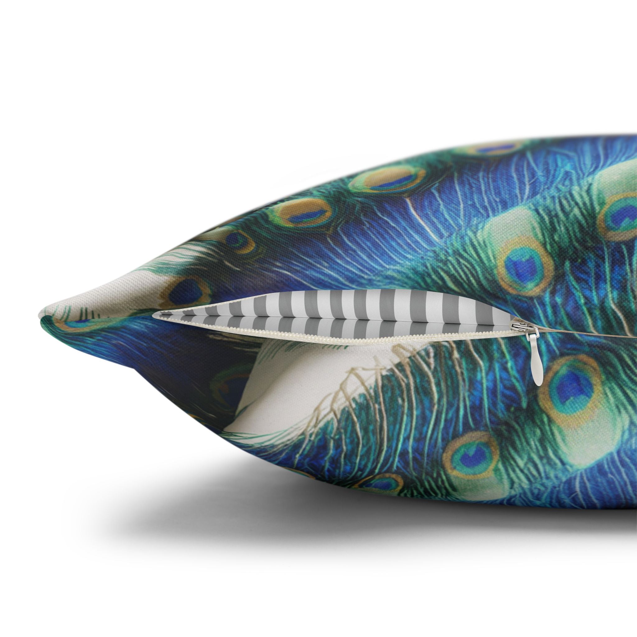 Peacock Feather Decorative Pillowcase — Square Poly Canvas Throw Pillow Cover