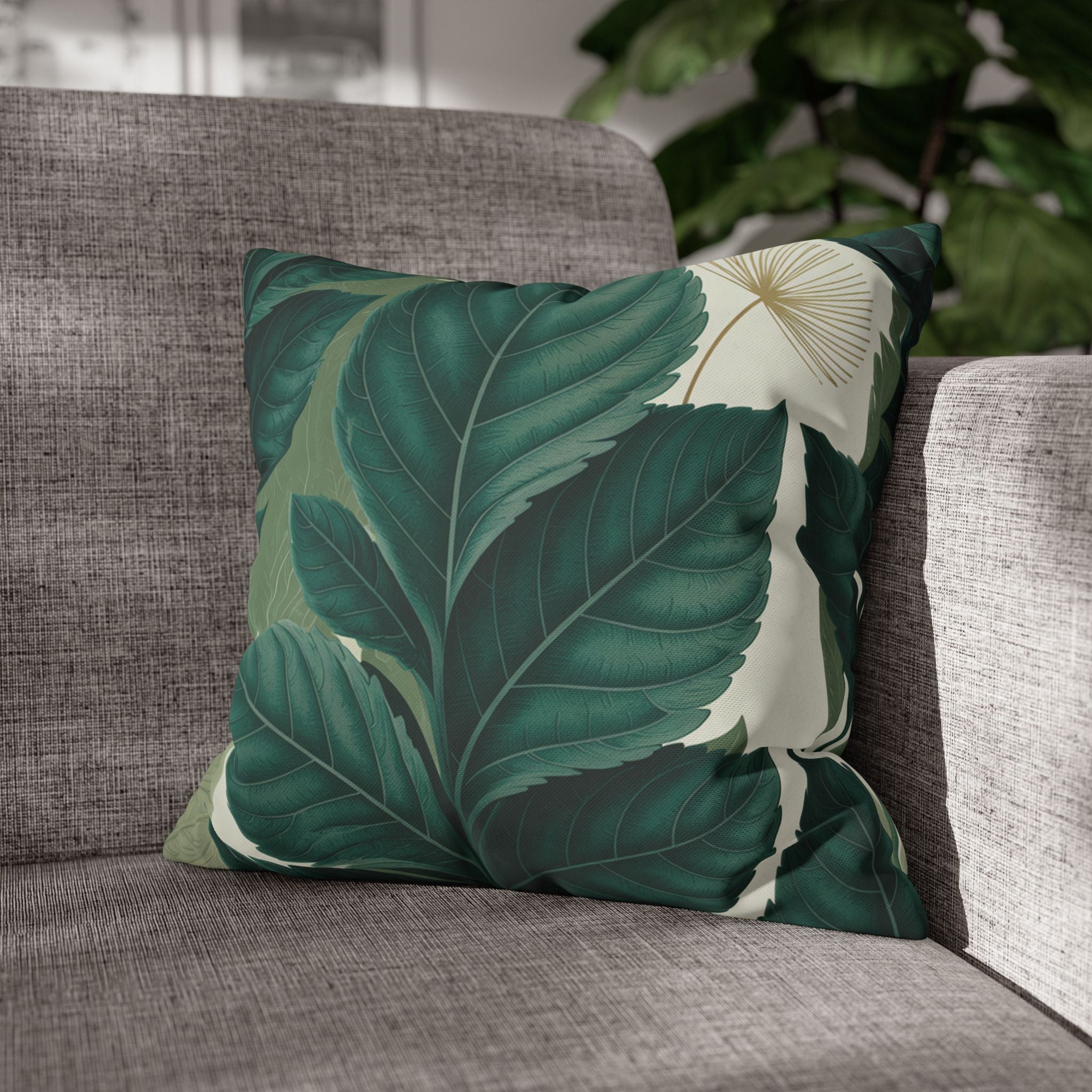 Tropical Leaf Square Pillow Cover — Green Botanical Canvas Throw Pillowcase