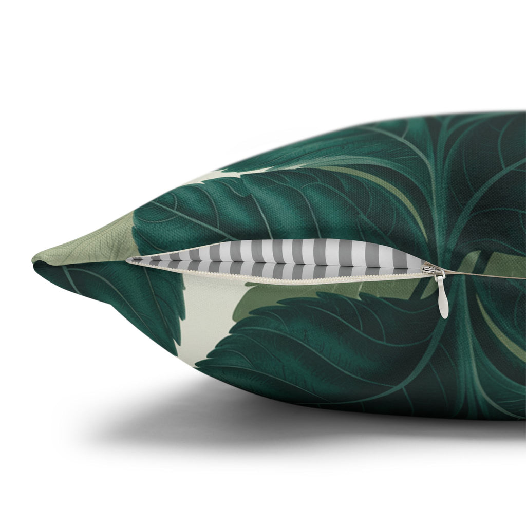 Tropical Leaf Square Pillow Cover — Green Botanical Canvas Throw Pillowcase