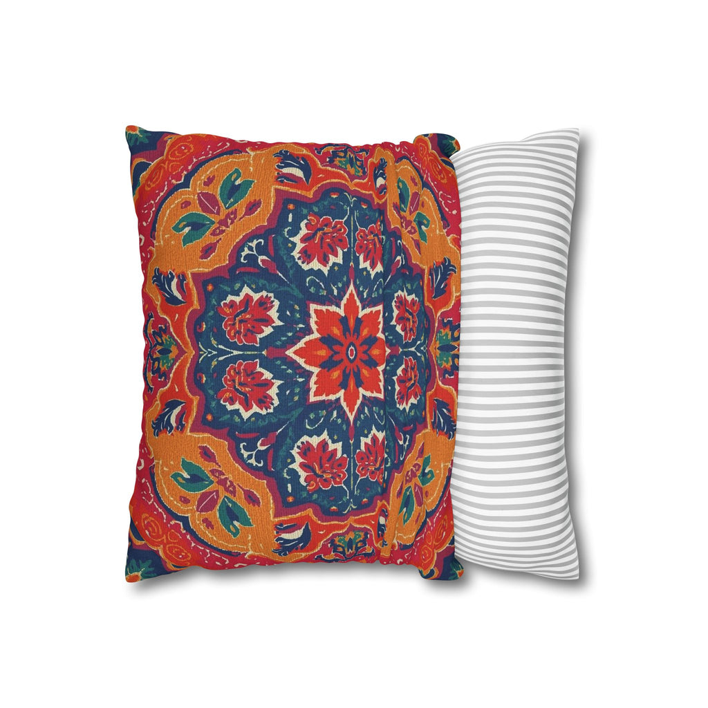 Boho Mandala Square Pillowcase – Vibrant Red & Navy Decorative Cushion Cover
