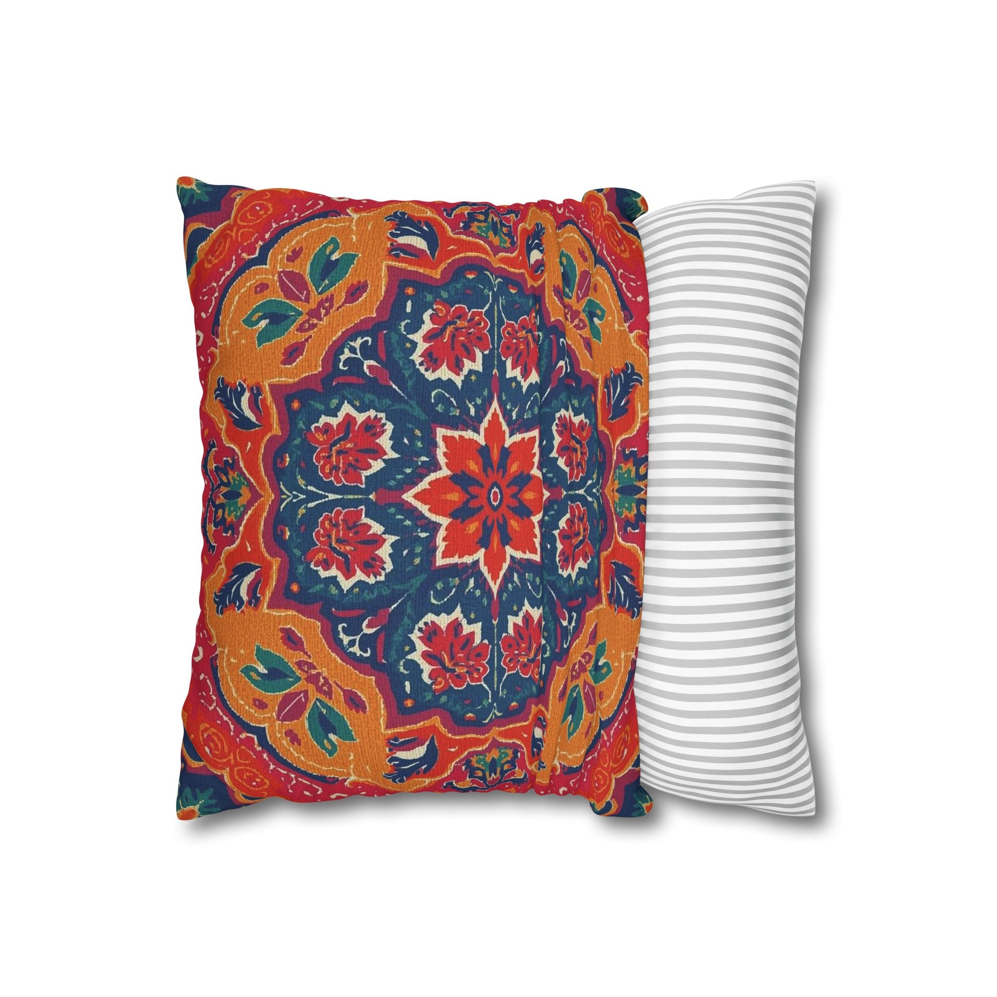 Boho Mandala Square Pillowcase – Vibrant Red & Navy Decorative Cushion Cover