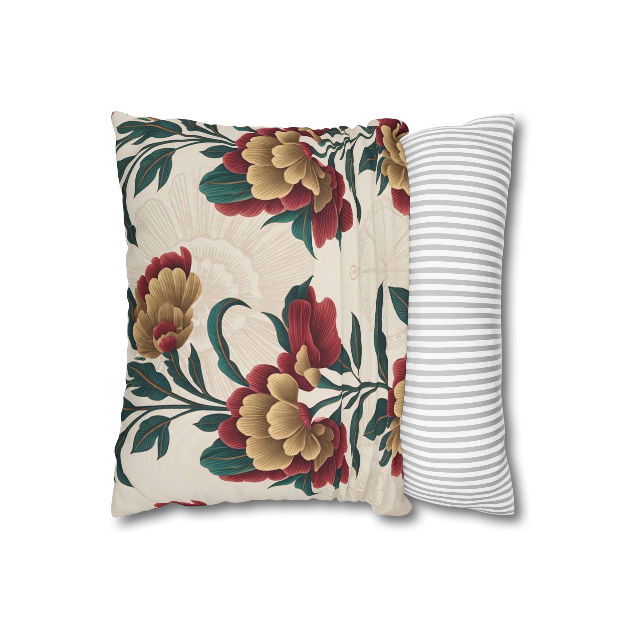Vintage Floral Square Pillowcase — Red & Gold Peony Decorative Throw Pillow Cover