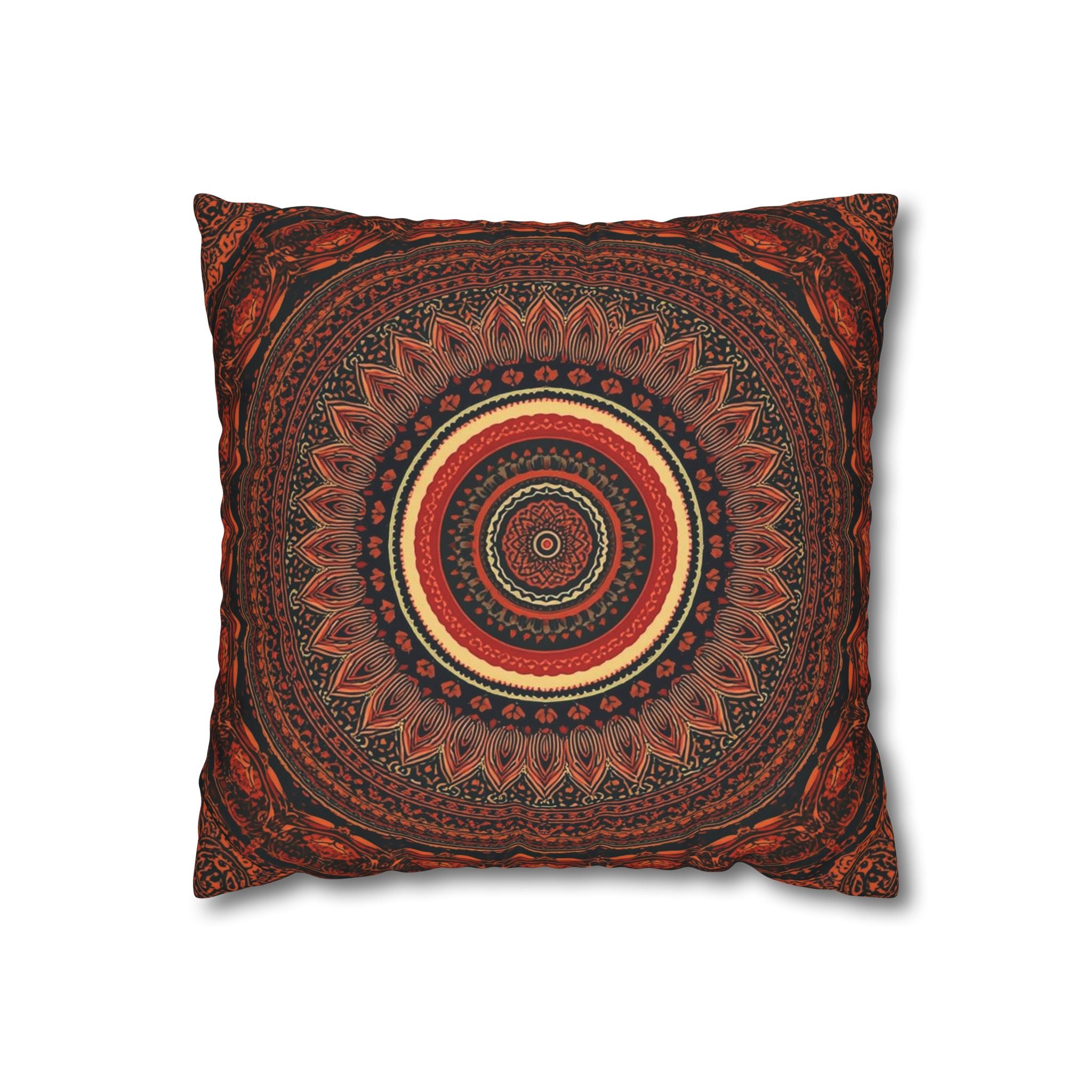 Boho Mandala Square Pillowcase — Rustic Red Decorative Throw Pillow Cover