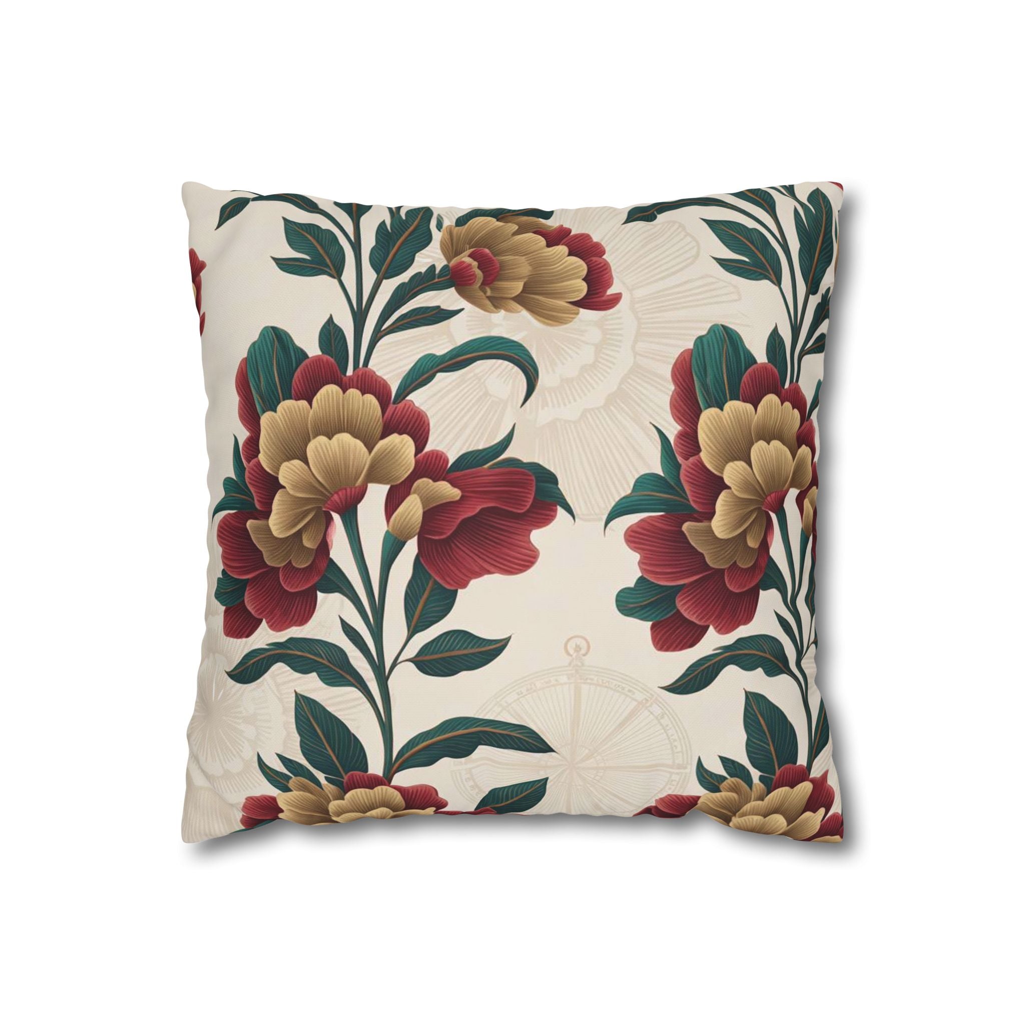 Vintage Floral Square Pillowcase — Red & Gold Peony Decorative Throw Pillow Cover