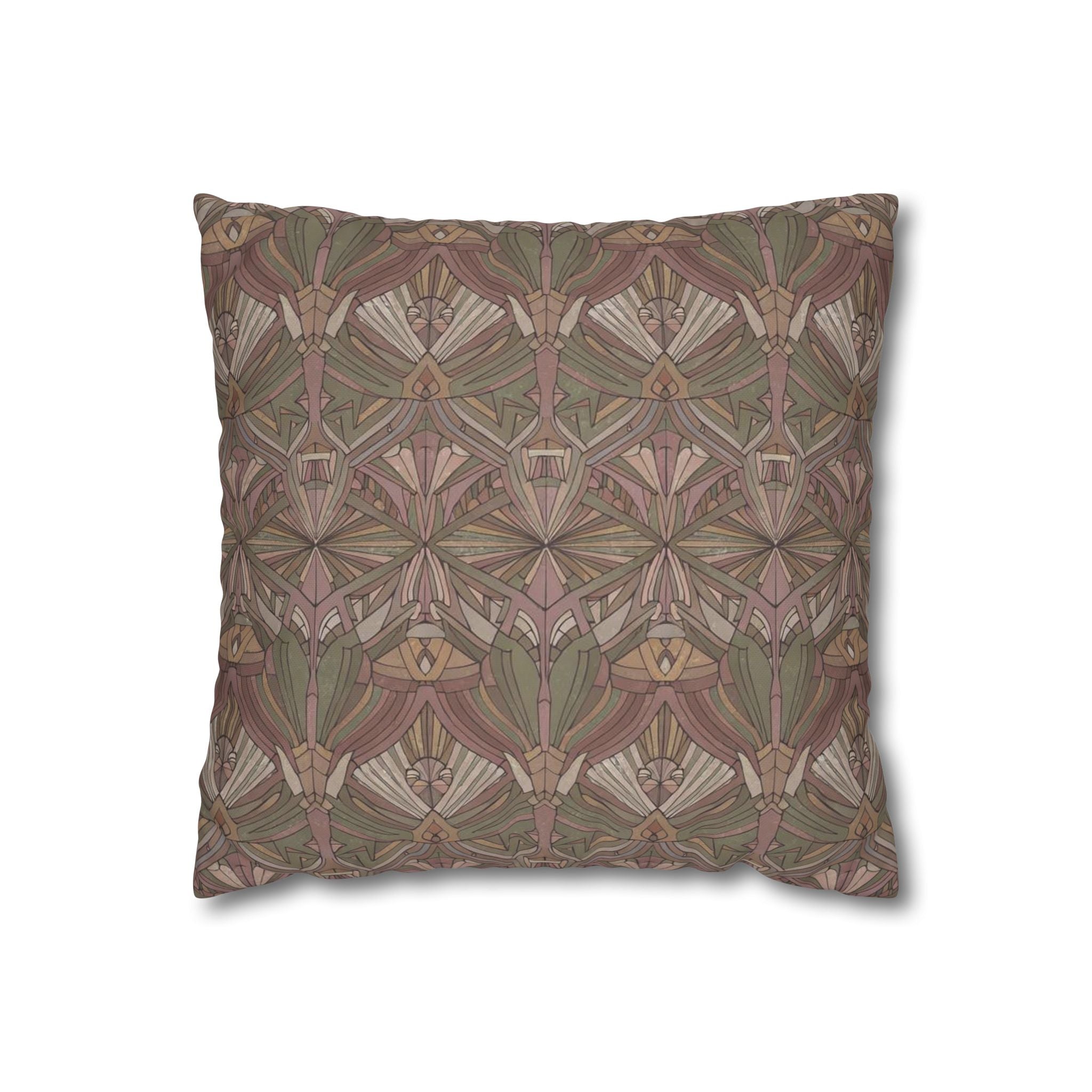 Art Nouveau Geometric Square Pillowcase — Earthy Floral Pattern Decorative Throw Pillow