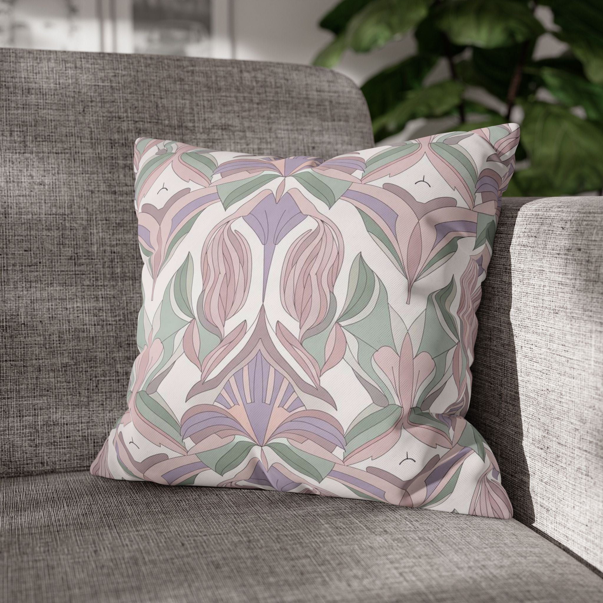 Floral Art Nouveau Square Pillowcase — Pastel Botanical Decorative Throw Pillow Cover