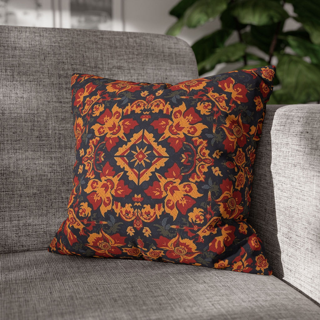 Boho Floral Medallion Square Pillowcase — Rustic Red & Navy Decorative Throw Pillow Cover