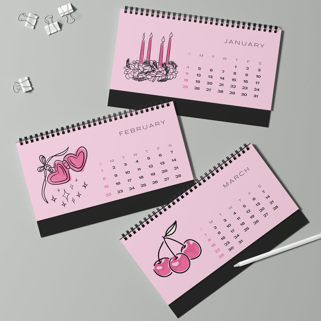 2026 Pink Desk Calendar — Minimalist Spiral Desk Calendar