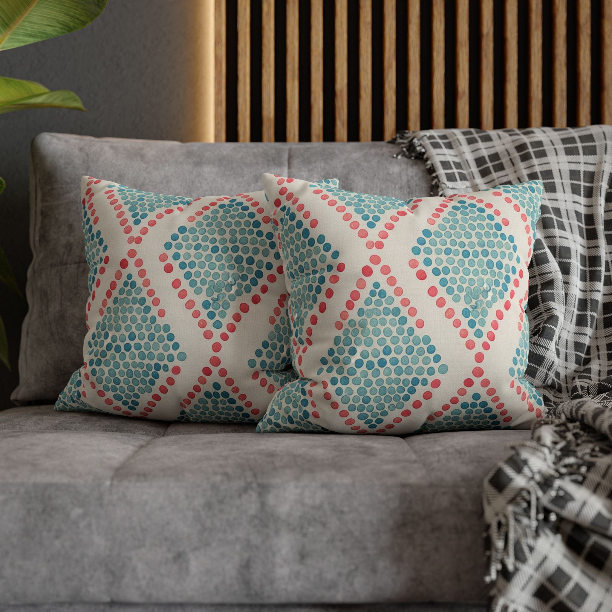 Geometric Dot Trellis Square Pillow Cover — Teal & Coral Decorative Cushion Case