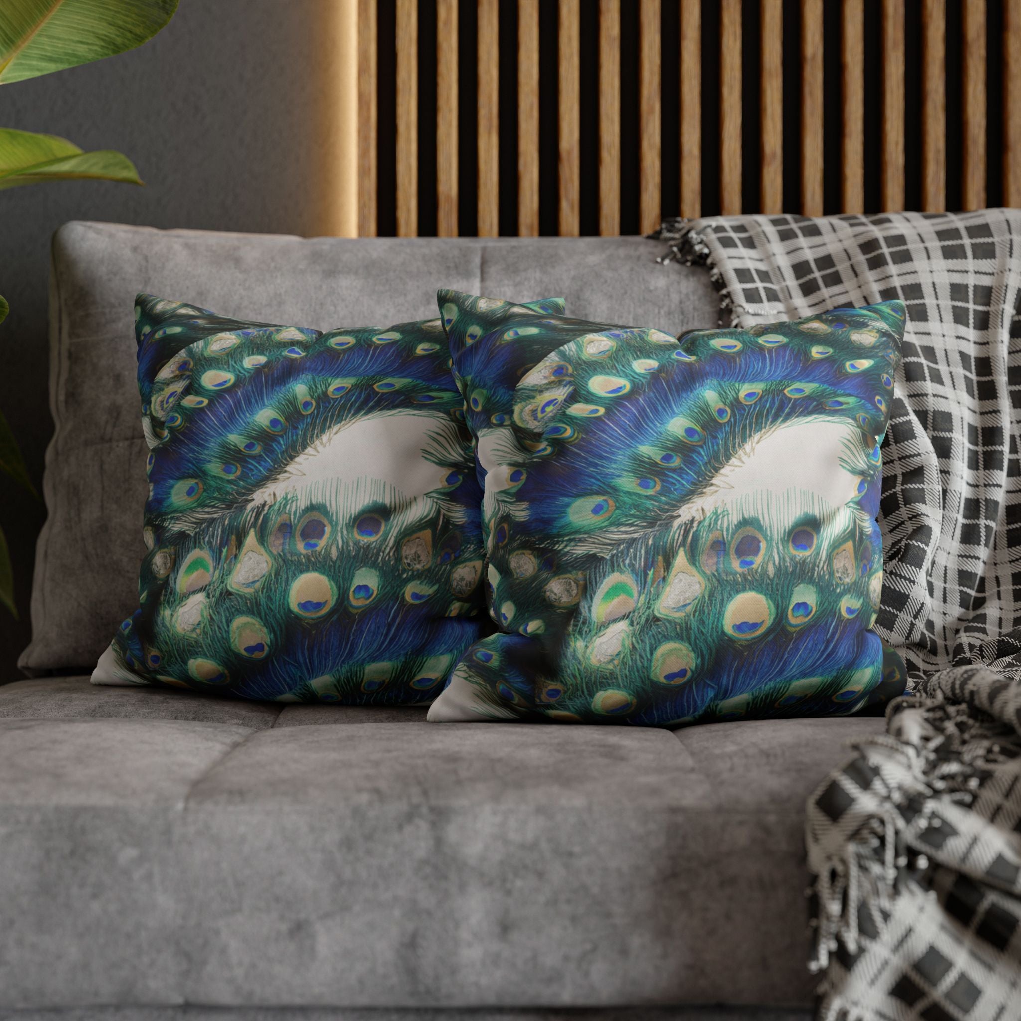 Peacock Feather Decorative Pillowcase — Square Poly Canvas Throw Pillow Cover