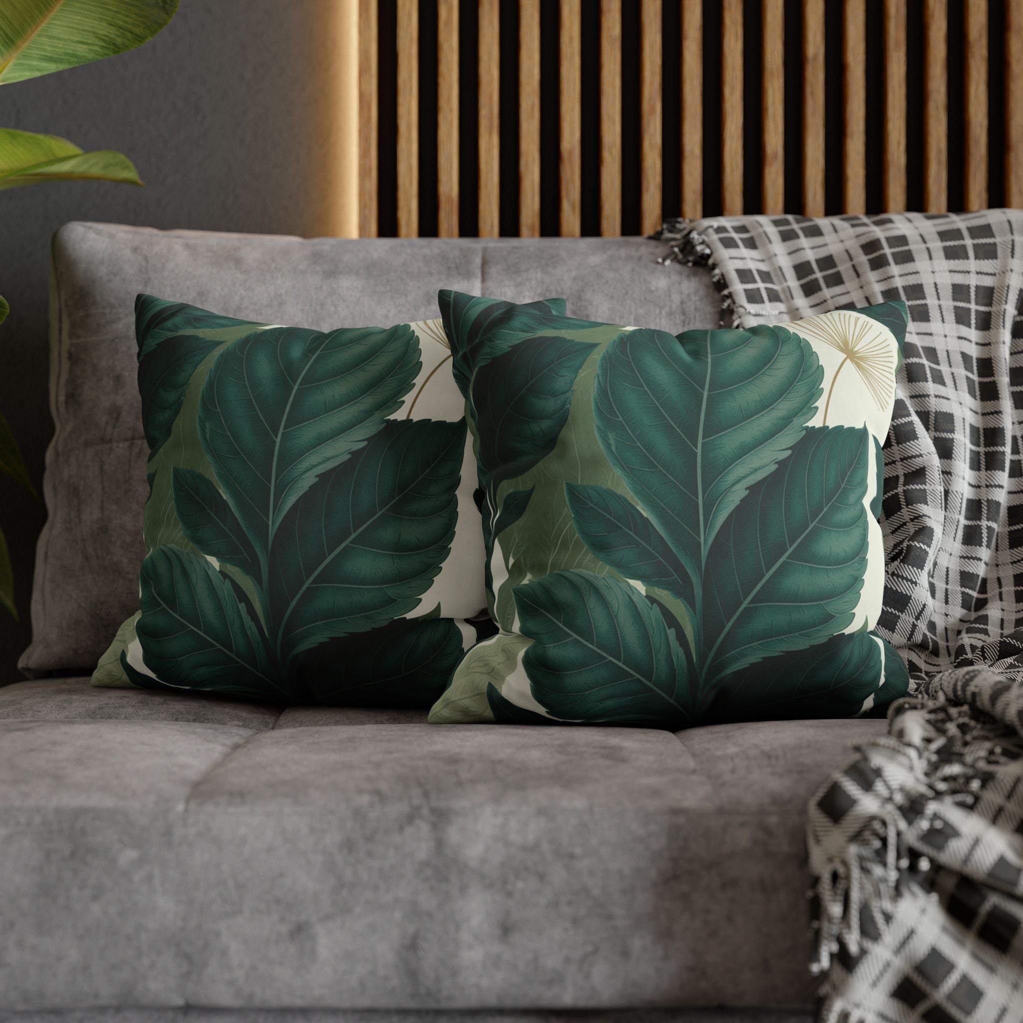 Tropical Leaf Square Pillow Cover — Green Botanical Canvas Throw Pillowcase