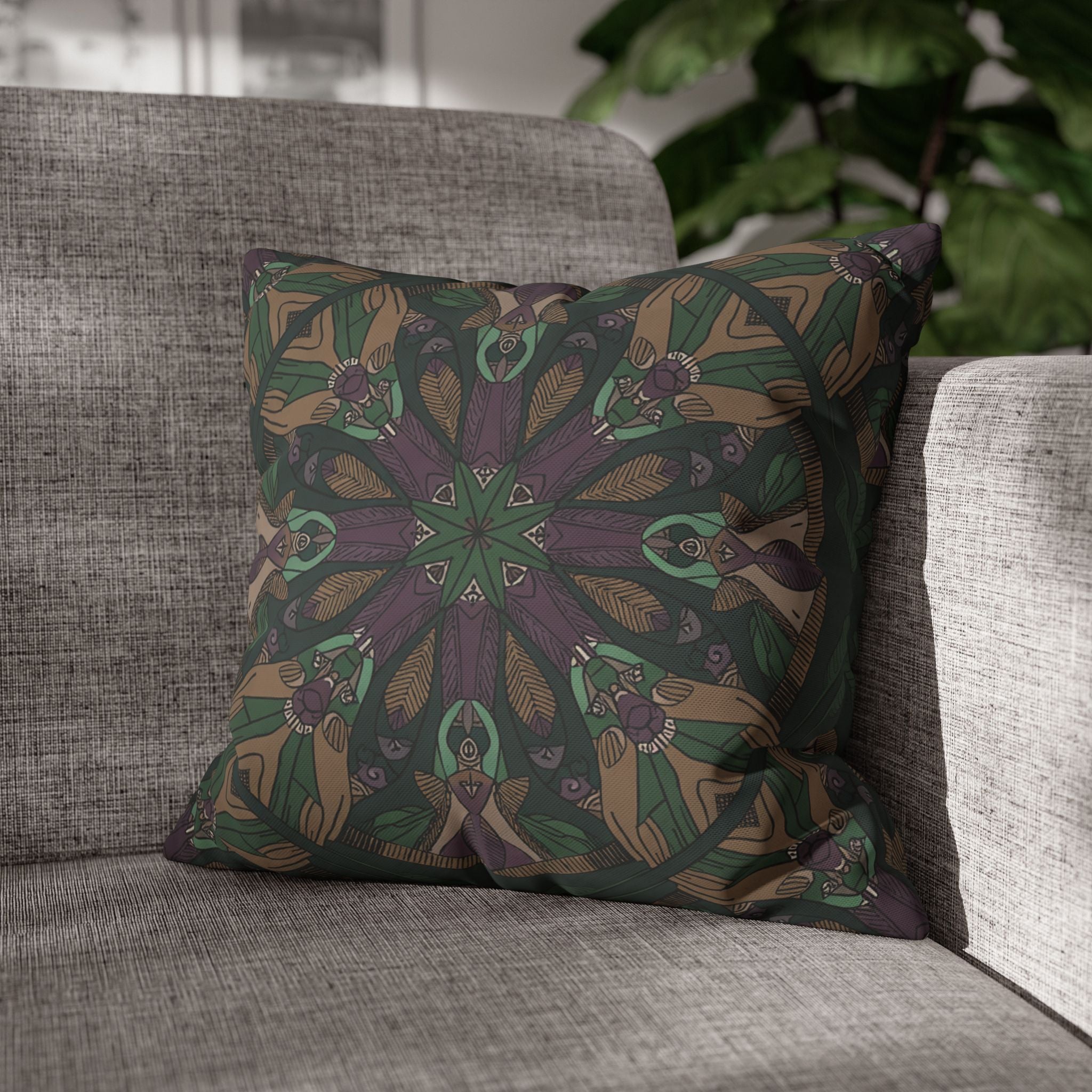 Bohemian Kaleidoscope Square Pillowcase — Earth Tone Mandala Accent