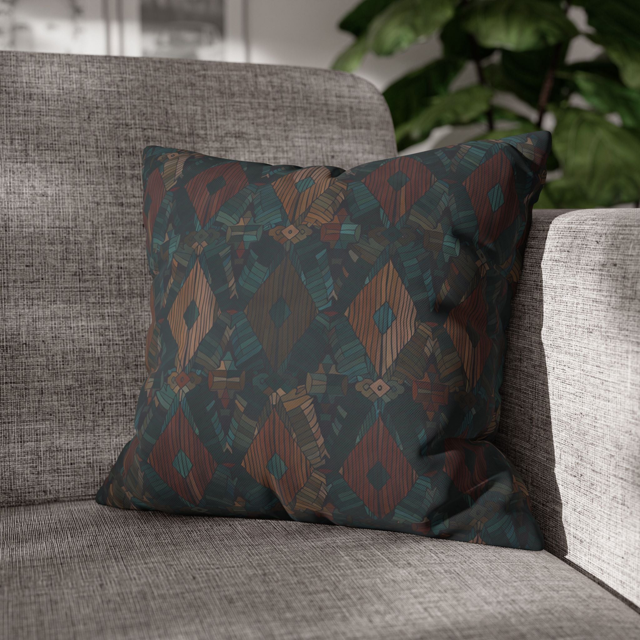 Southwestern Geometric Throw Pillow Cover — Dark Teal & Rust Square Cushion Case