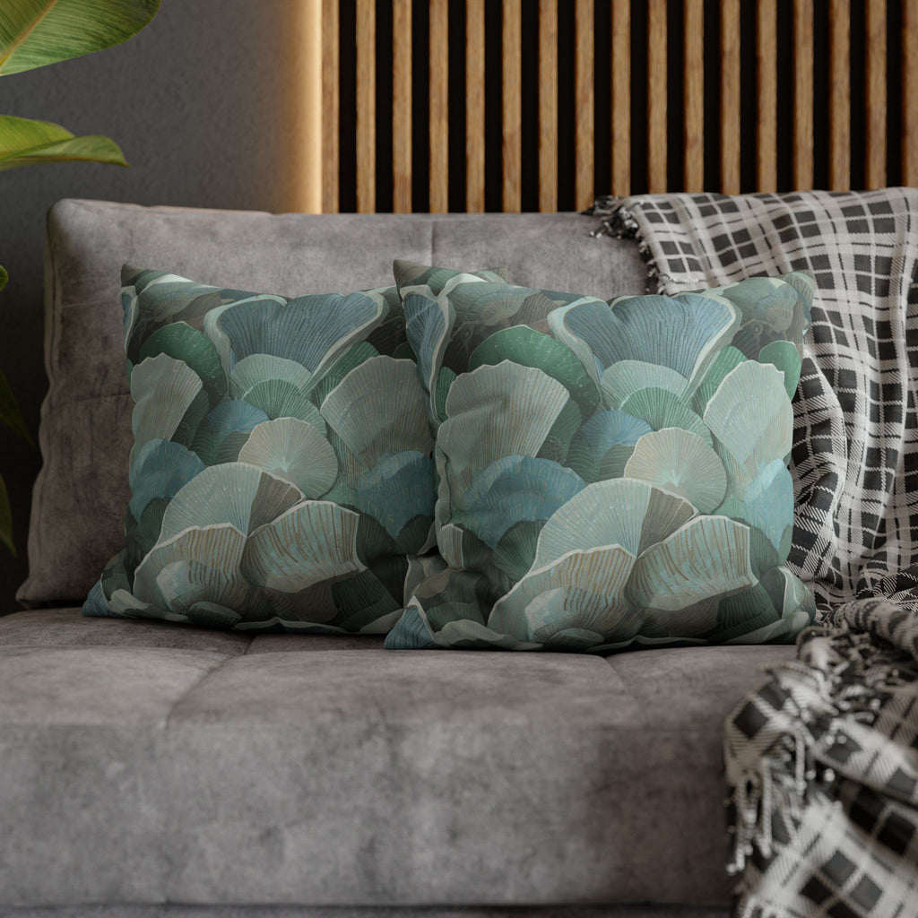Teal Ginkgo Pattern Square Pillowcase — Botanical Coastal Throw Pillow Cover