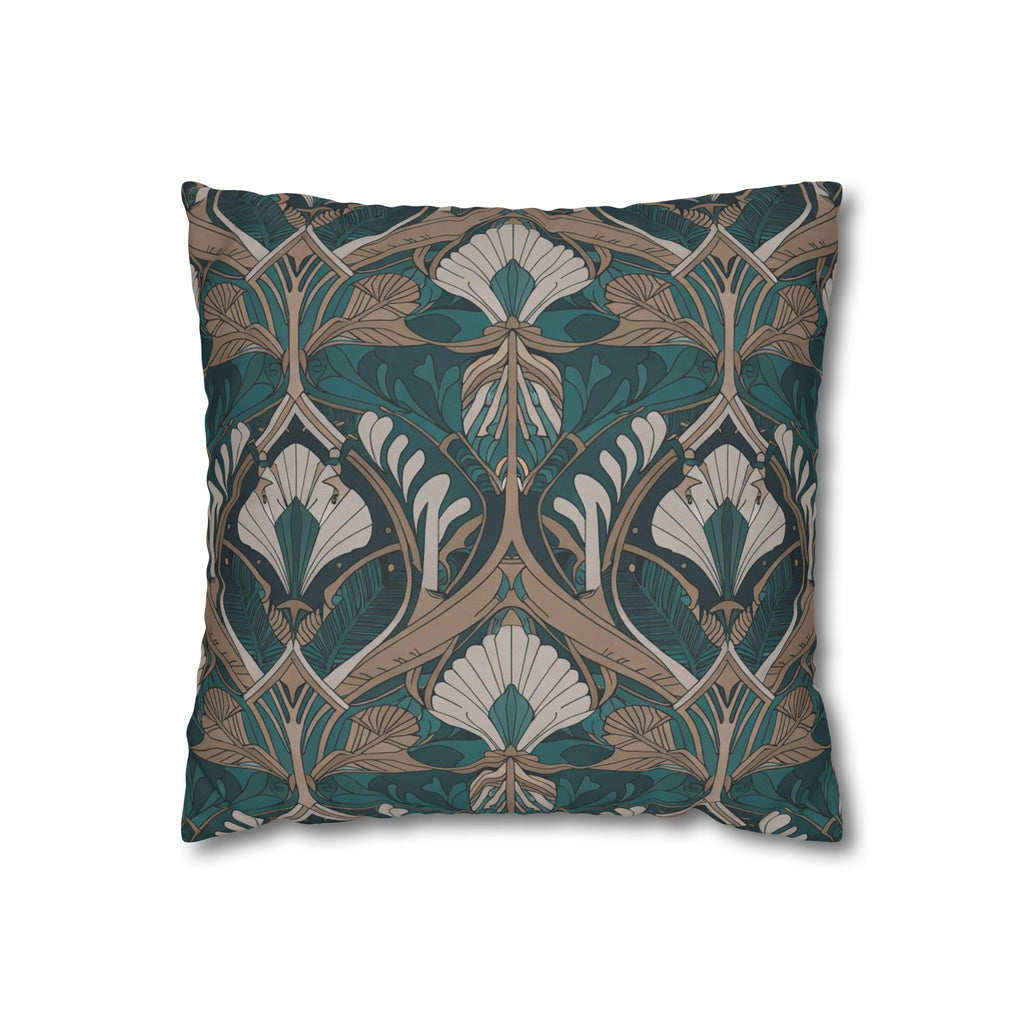 Art Nouveau Floral Square Pillowcase — Teal & Gold Decorative Throw Pillow Cover