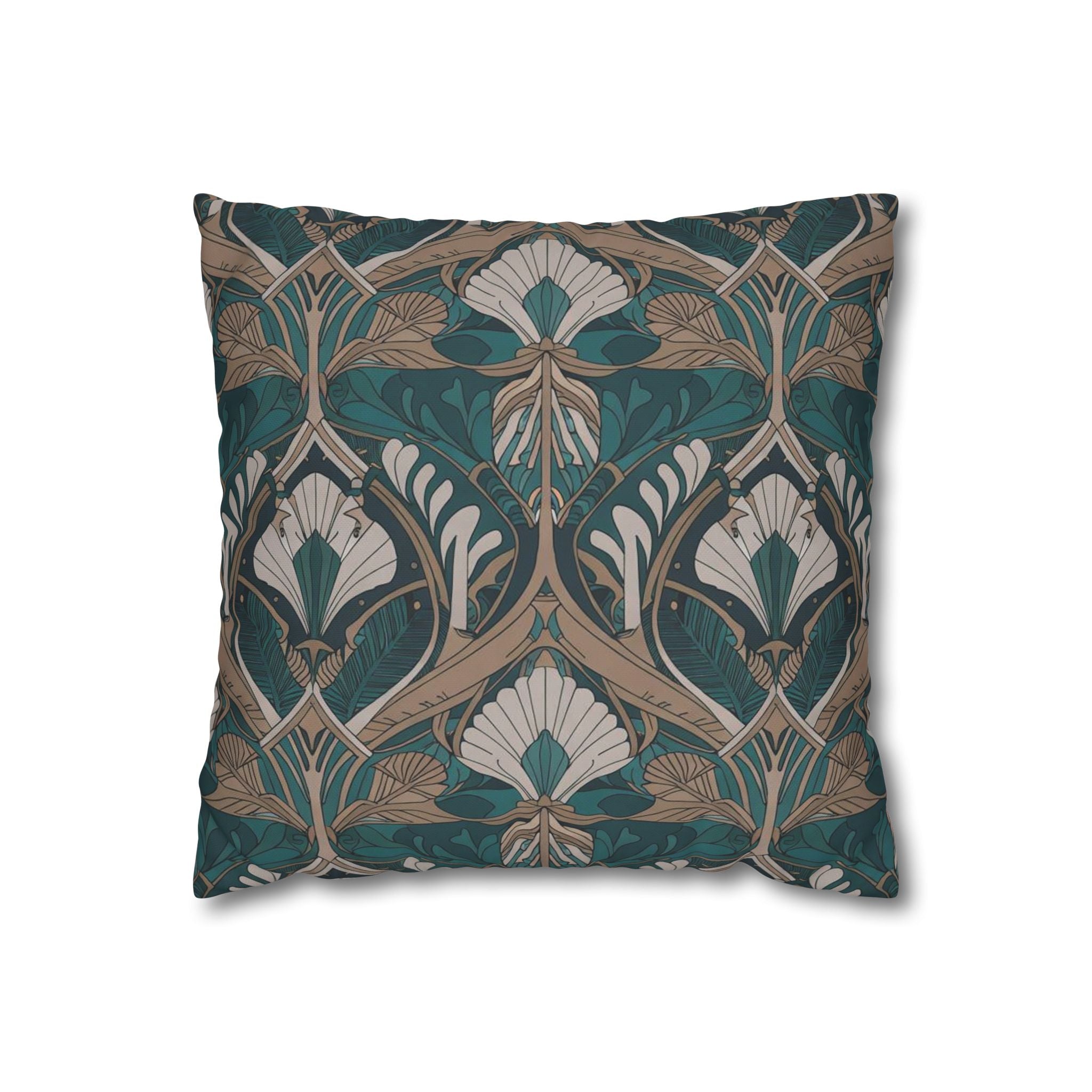 Art Nouveau Floral Square Pillowcase — Teal & Gold Decorative Throw Pillow Cover