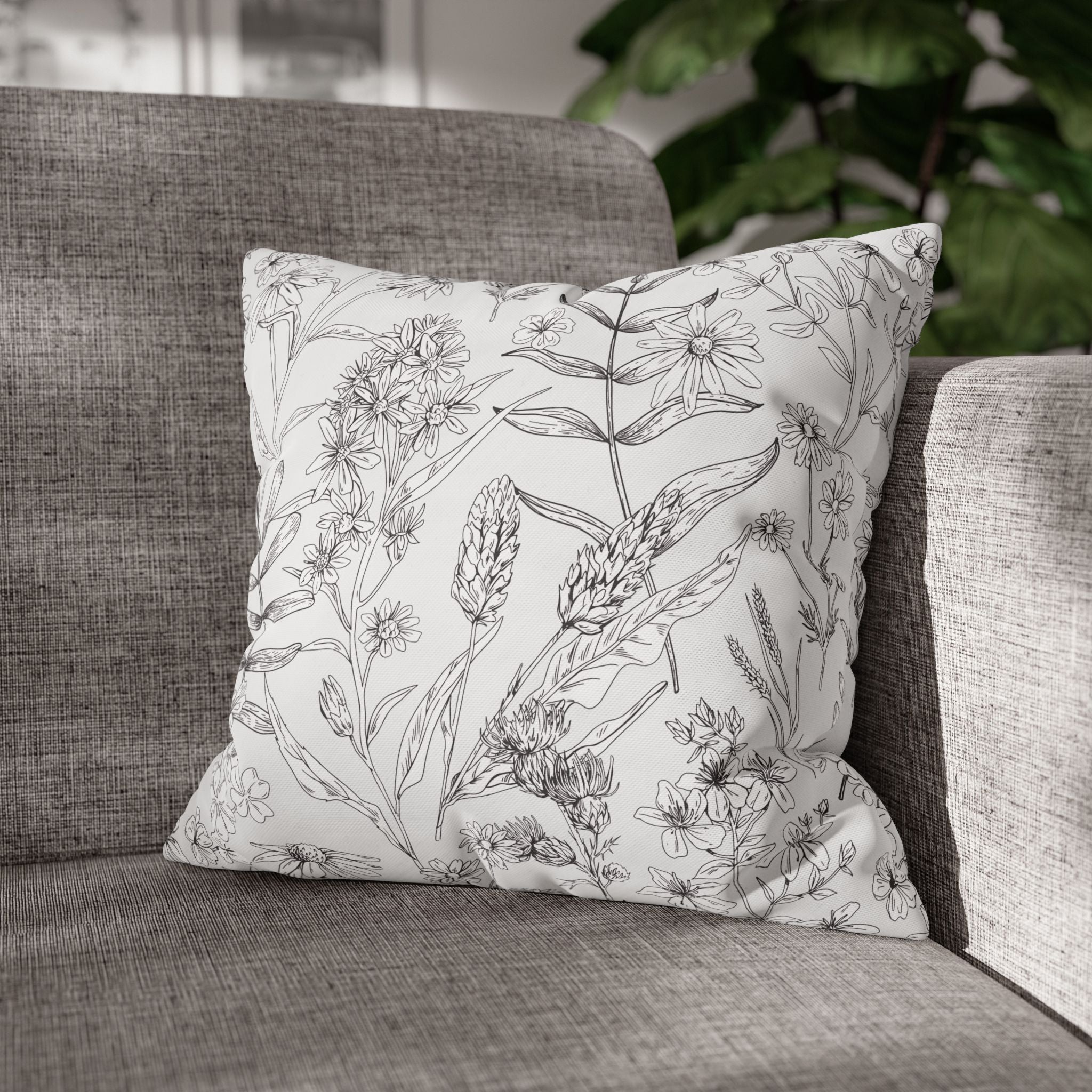 Floral Sketch Pillowcase - Decorative Square Poly Canvas Cushion Cover