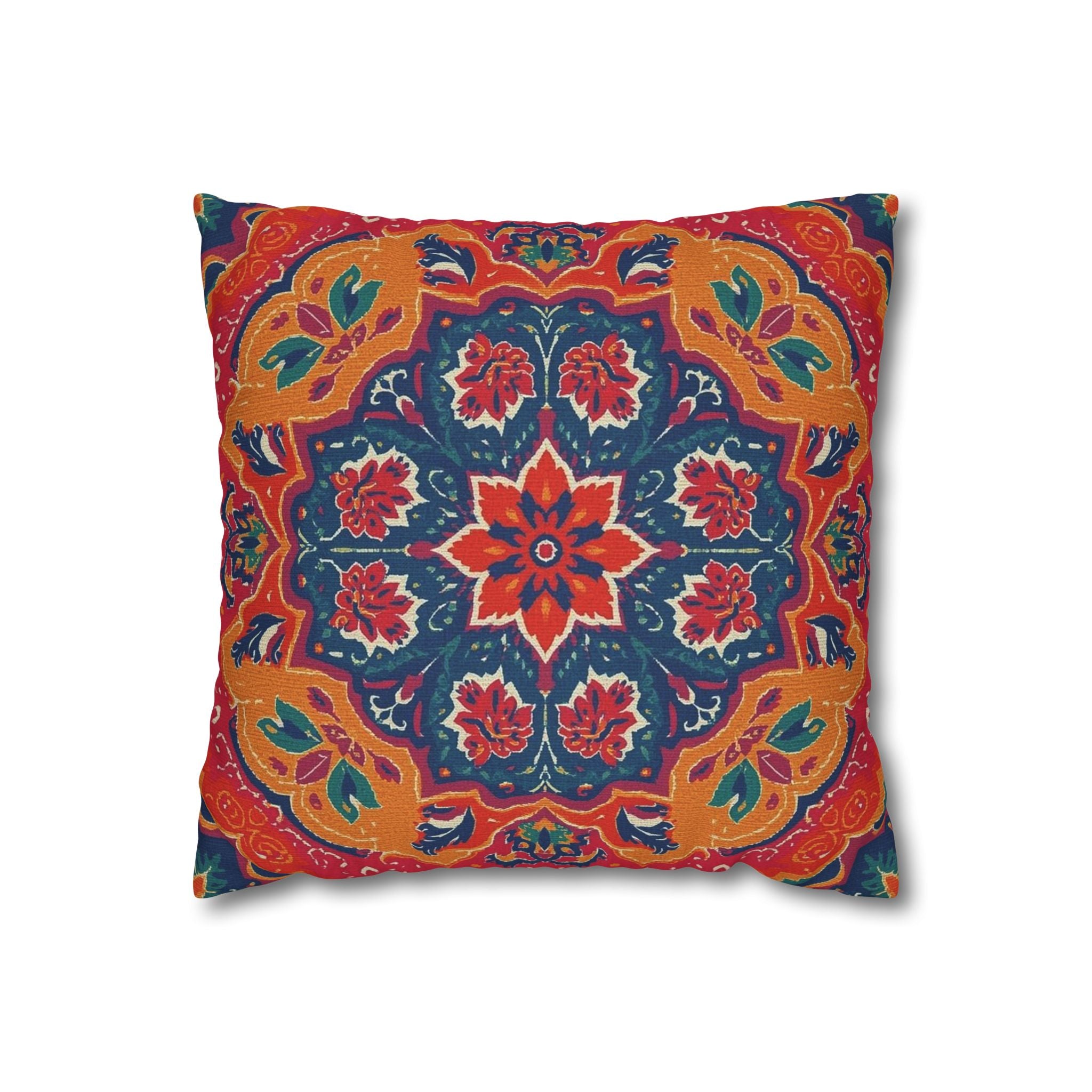 Boho Mandala Square Pillowcase – Vibrant Red & Navy Decorative Cushion Cover