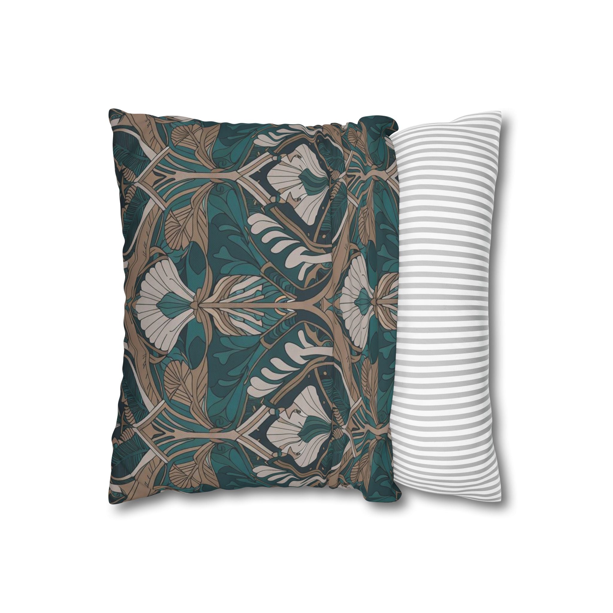 Art Nouveau Floral Square Pillowcase — Teal & Gold Decorative Throw Pillow Cover