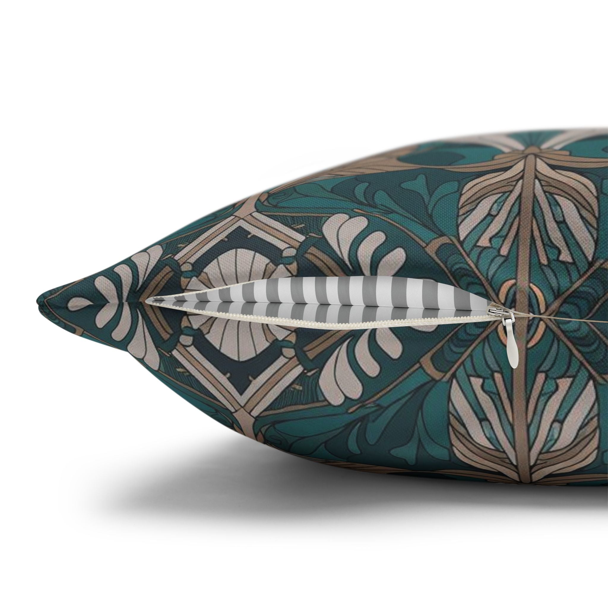 Art Nouveau Floral Square Pillowcase — Teal & Gold Decorative Throw Pillow Cover