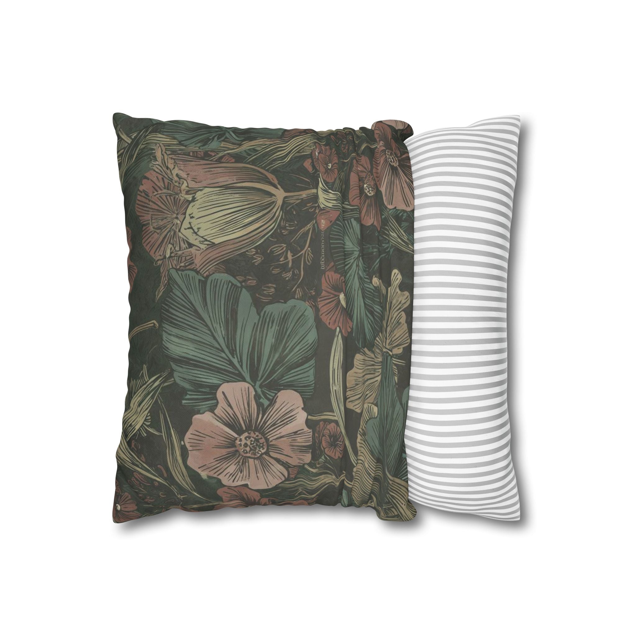 Botanical Vintage Floral Throw Pillowcase — Dark Green Square Cushion Cover