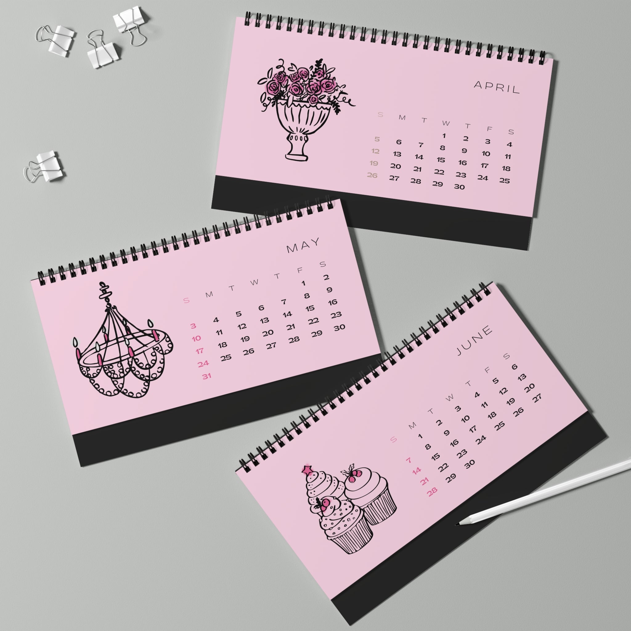 2026 Pink Desk Calendar — Minimalist Spiral Desk Calendar
