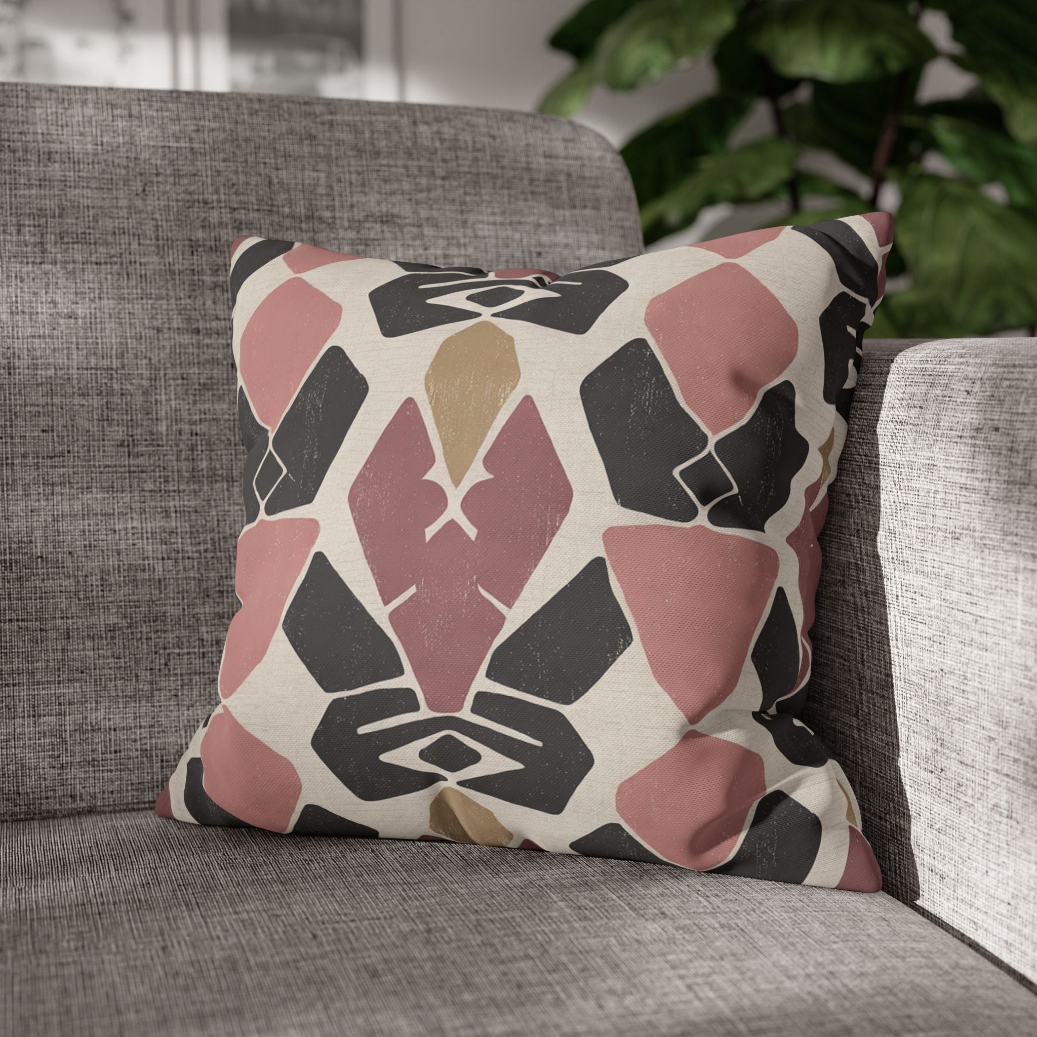 Abstract Geometric Square Pillowcase — Blush, Black & Gold Decorative Throw Pillow