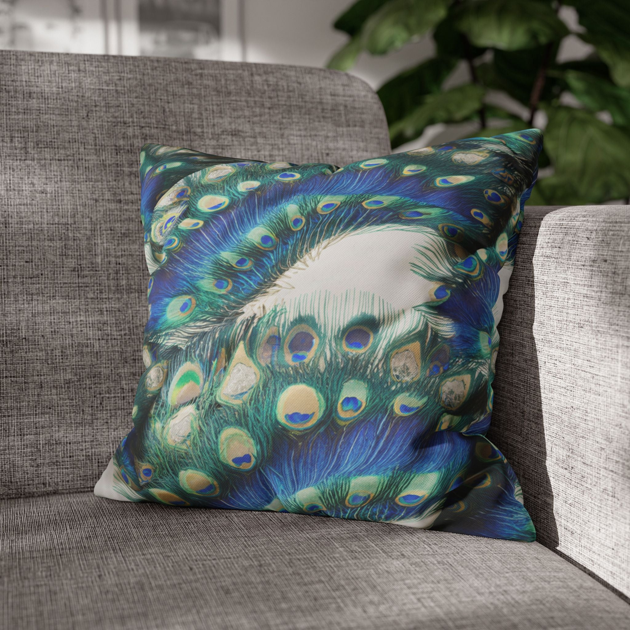 Peacock Feather Decorative Pillowcase — Square Poly Canvas Throw Pillow Cover