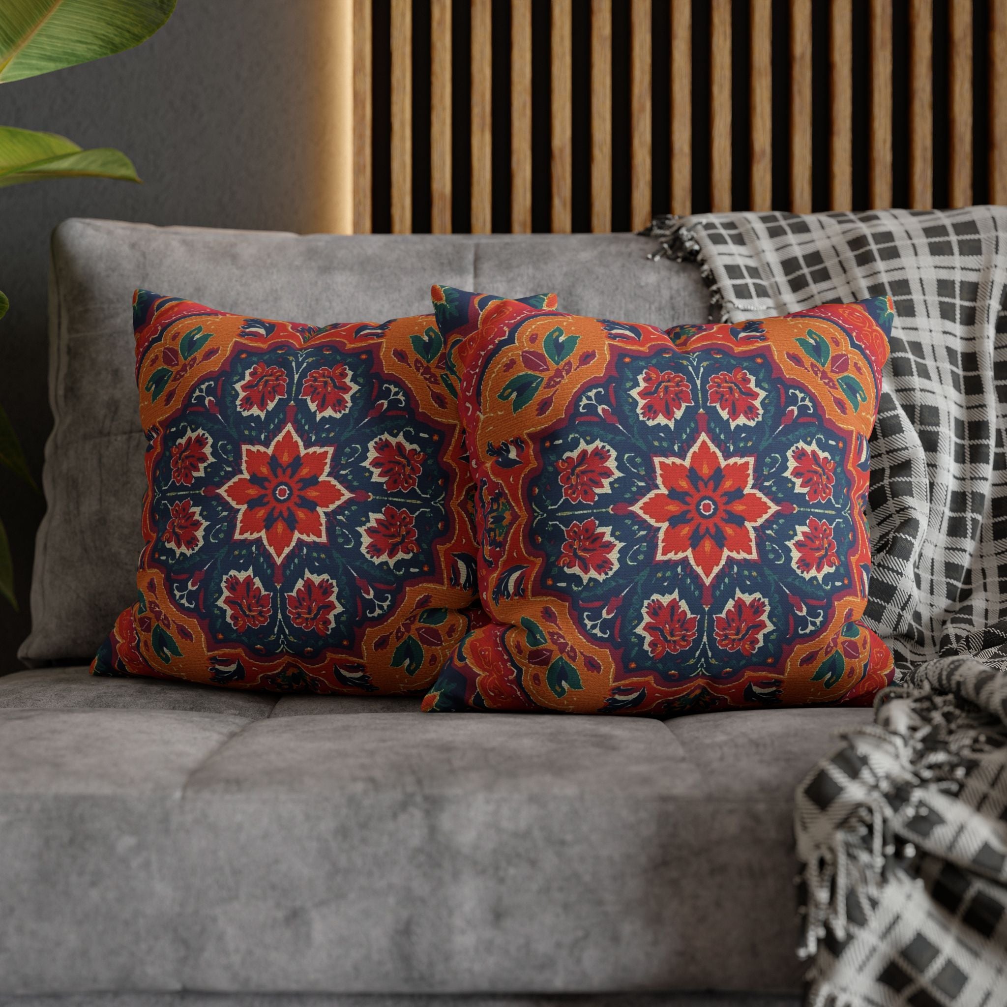 Boho Mandala Square Pillowcase – Vibrant Red & Navy Decorative Cushion Cover