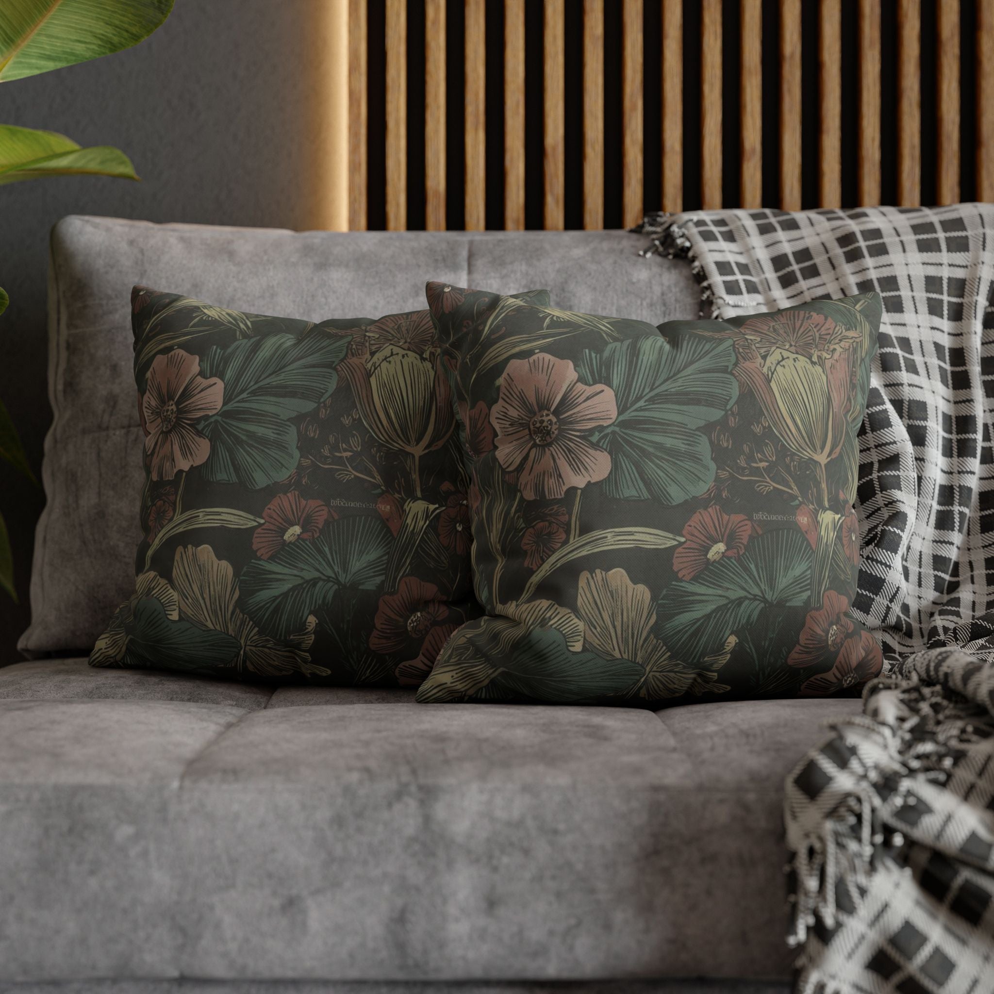 Botanical Vintage Floral Throw Pillowcase — Dark Green Square Cushion Cover