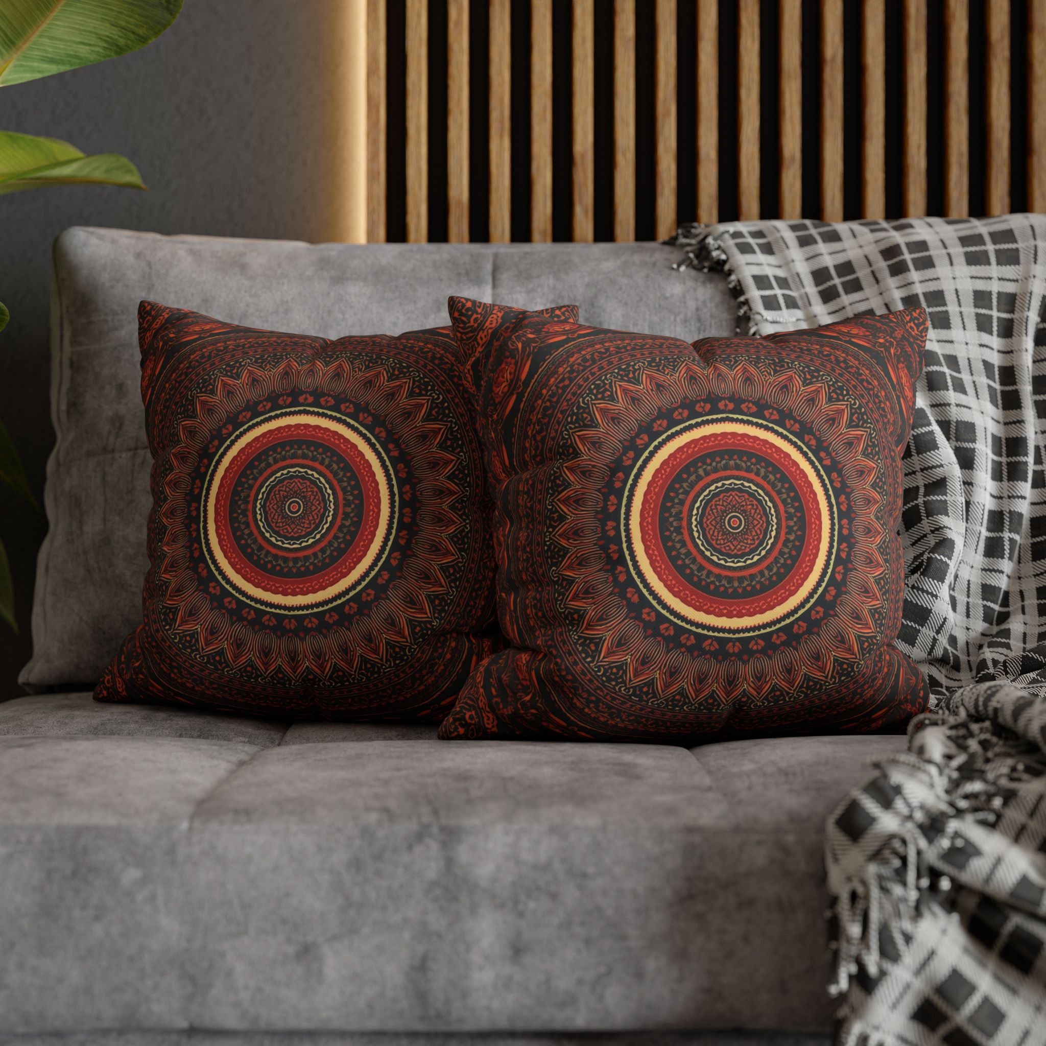 Boho Mandala Square Pillowcase — Rustic Red Decorative Throw Pillow Cover