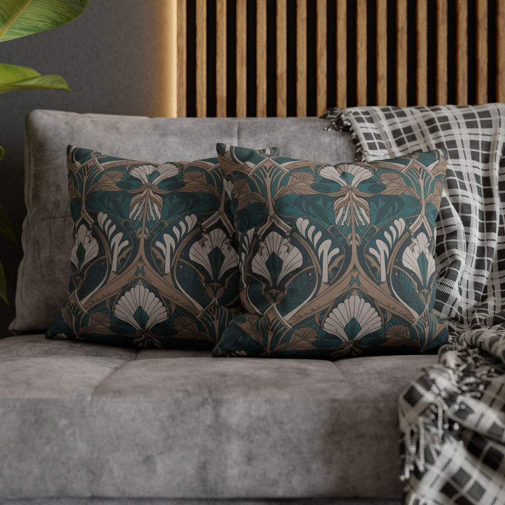 Art Nouveau Floral Square Pillowcase — Teal & Gold Decorative Throw Pillow Cover
