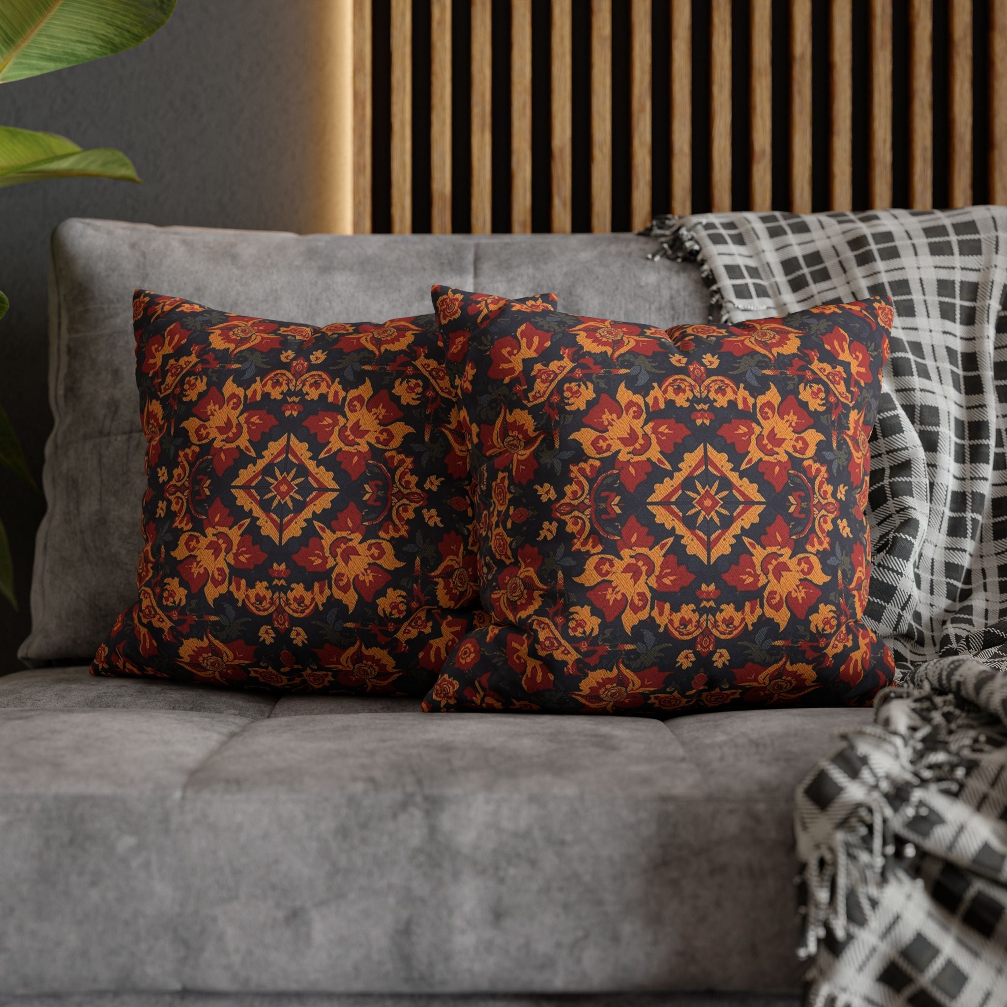 Boho Floral Medallion Square Pillowcase — Rustic Red & Navy Decorative Throw Pillow Cover