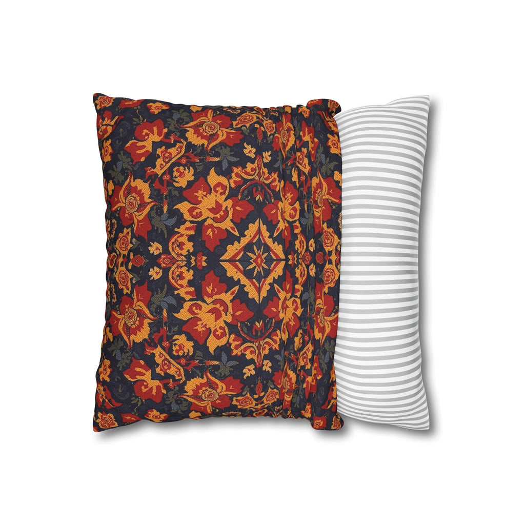 Boho Floral Medallion Square Pillowcase — Rustic Red & Navy Decorative Throw Pillow Cover