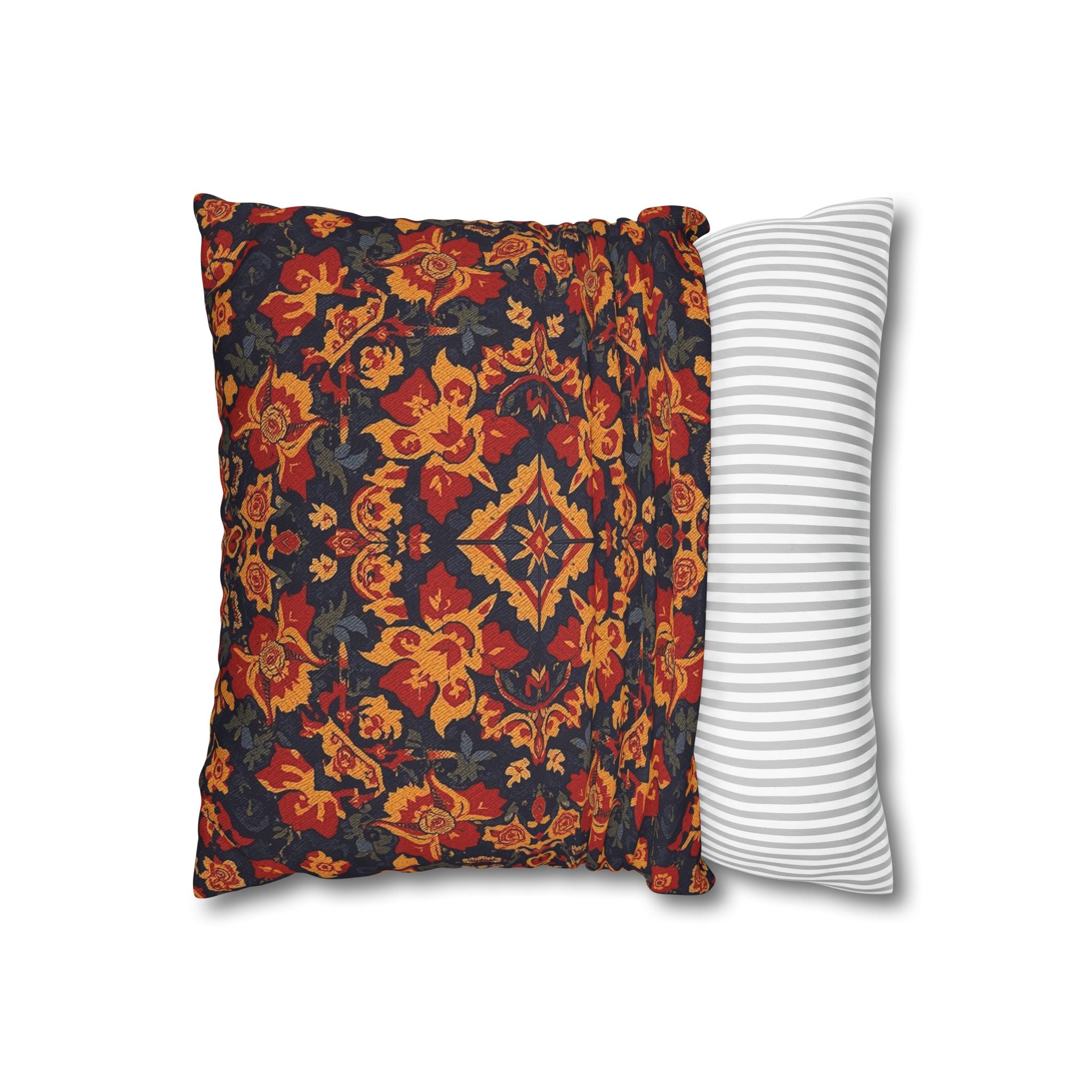 Boho Floral Medallion Square Pillowcase — Rustic Red & Navy Decorative Throw Pillow Cover