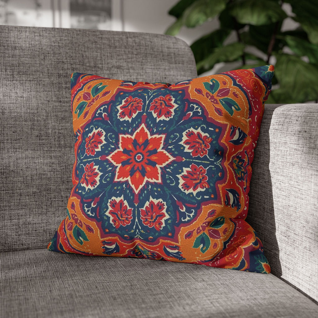 Boho Mandala Square Pillowcase – Vibrant Red & Navy Decorative Cushion Cover