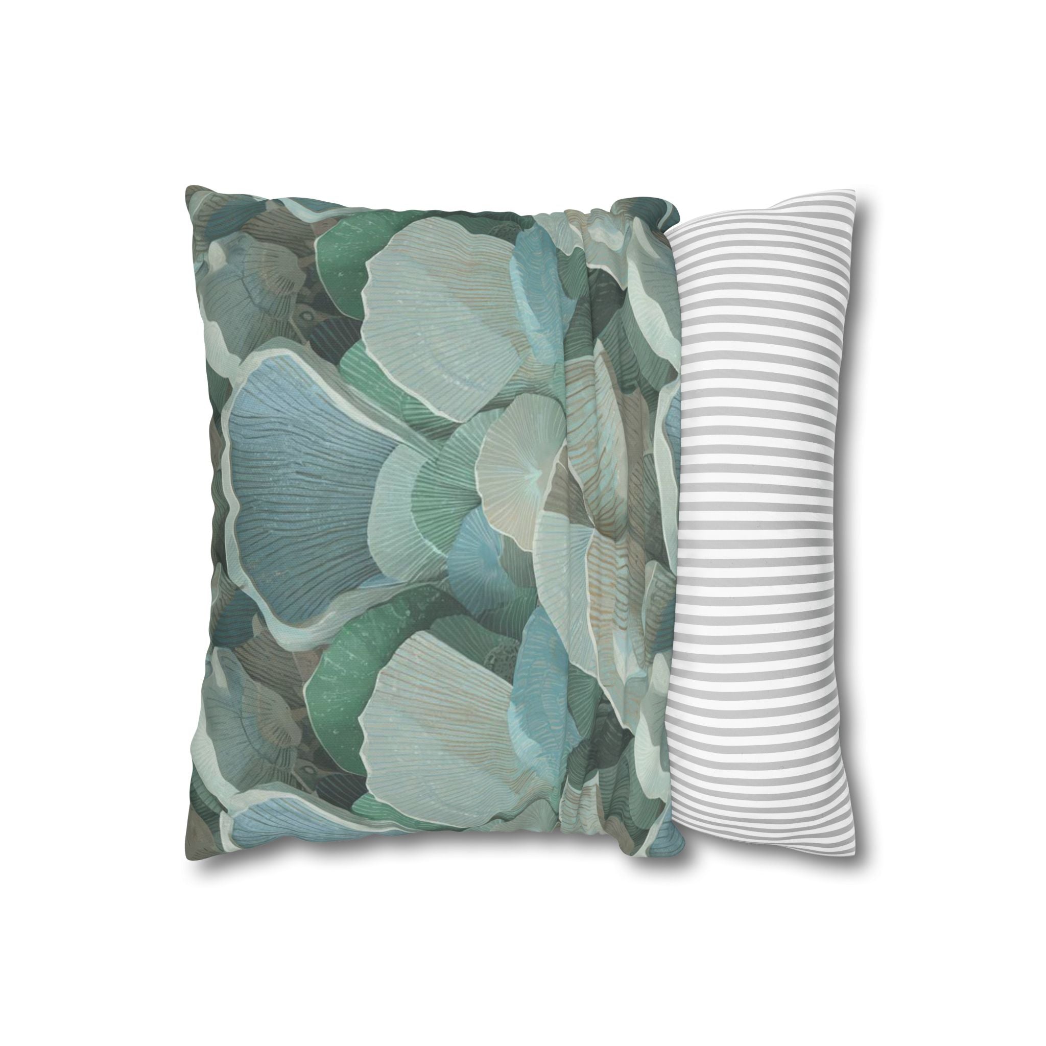 Teal Ginkgo Pattern Square Pillowcase — Botanical Coastal Throw Pillow Cover