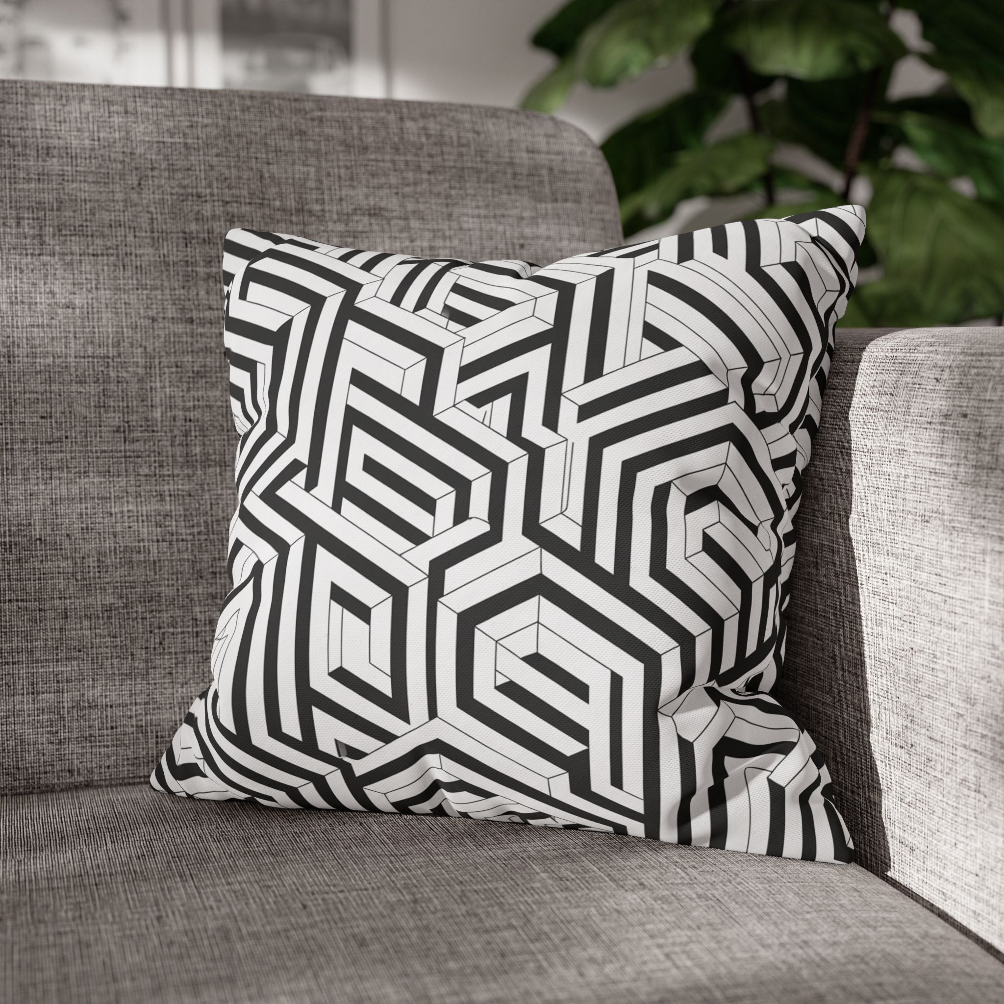 Geometric Black & White Square Pillowcase — Modern Optical Illusion Design