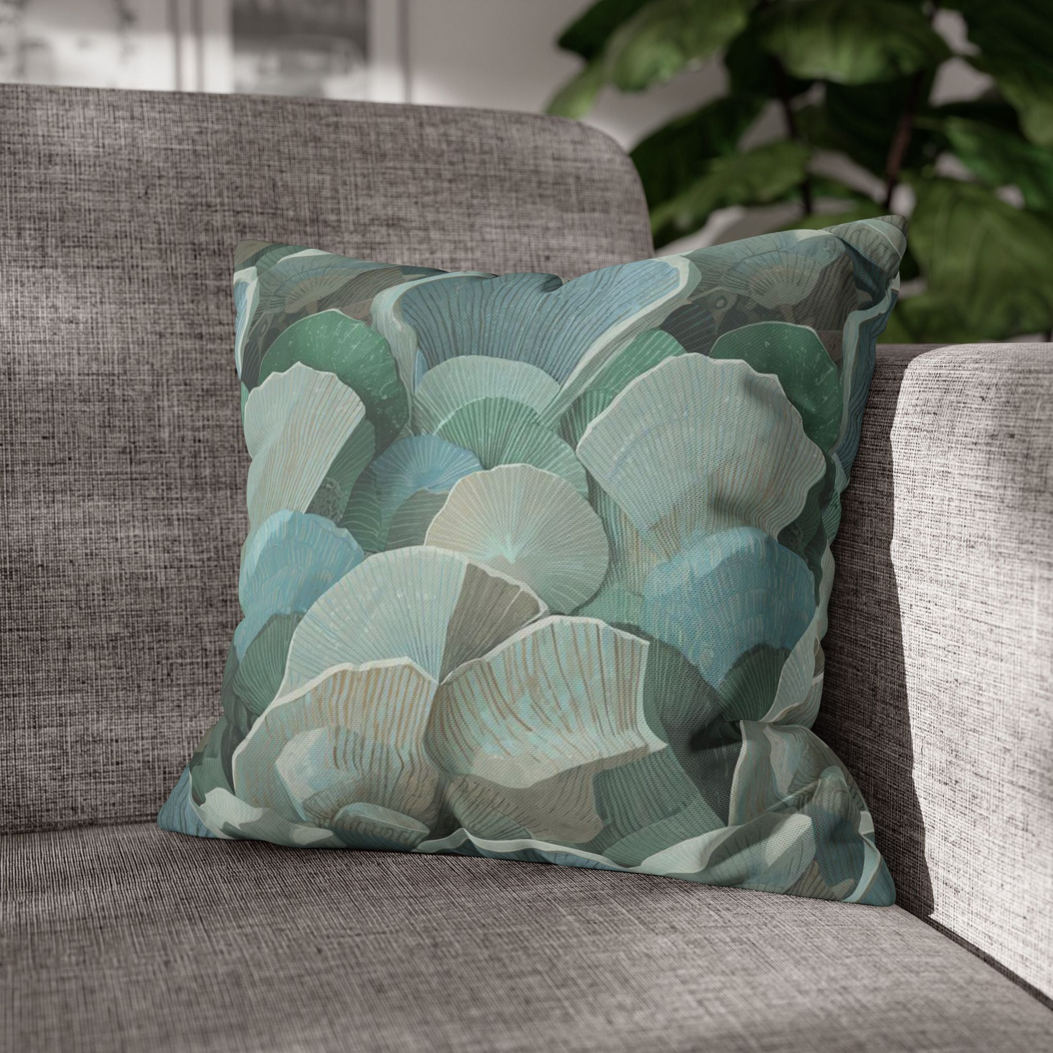 Teal Ginkgo Pattern Square Pillowcase — Botanical Coastal Throw Pillow Cover