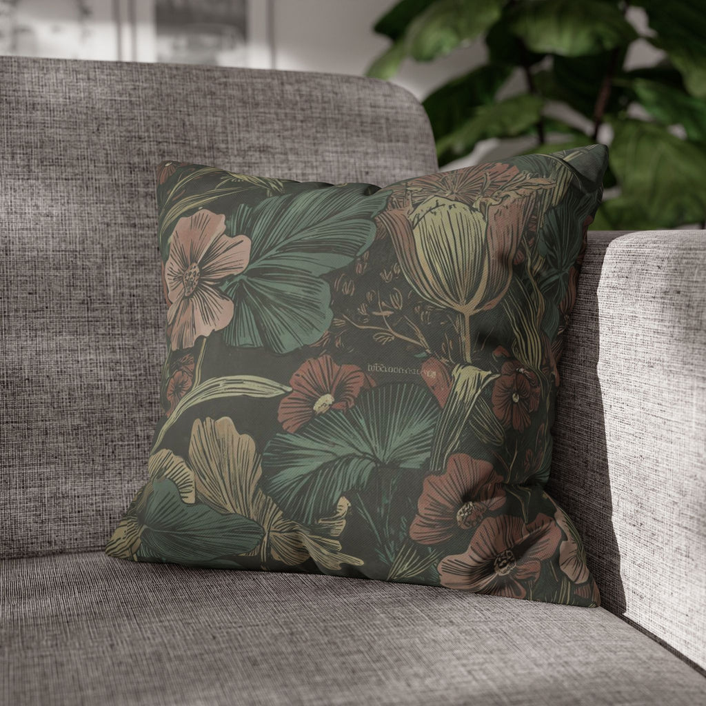 Botanical Vintage Floral Throw Pillowcase — Dark Green Square Cushion Cover