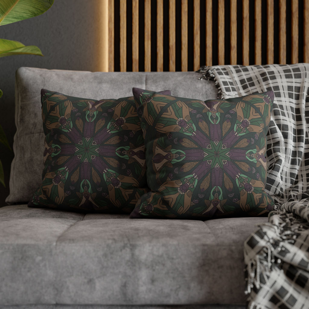 Bohemian Kaleidoscope Square Pillowcase — Earth Tone Mandala Accent