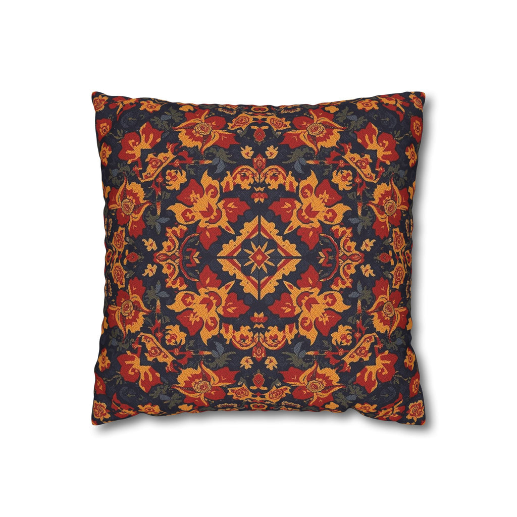 Boho Floral Medallion Square Pillowcase — Rustic Red & Navy Decorative Throw Pillow Cover