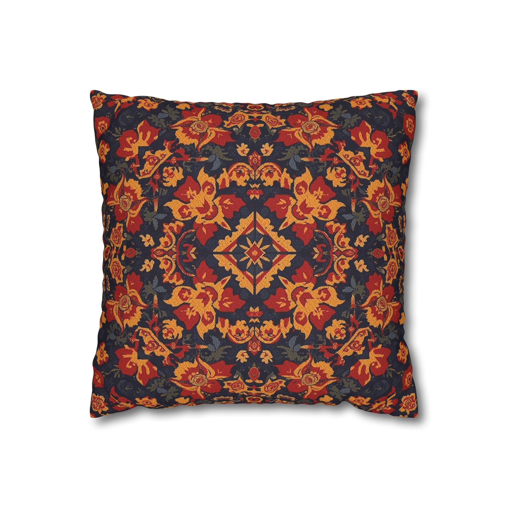 Boho Floral Medallion Square Pillowcase — Rustic Red & Navy Decorative Throw Pillow Cover