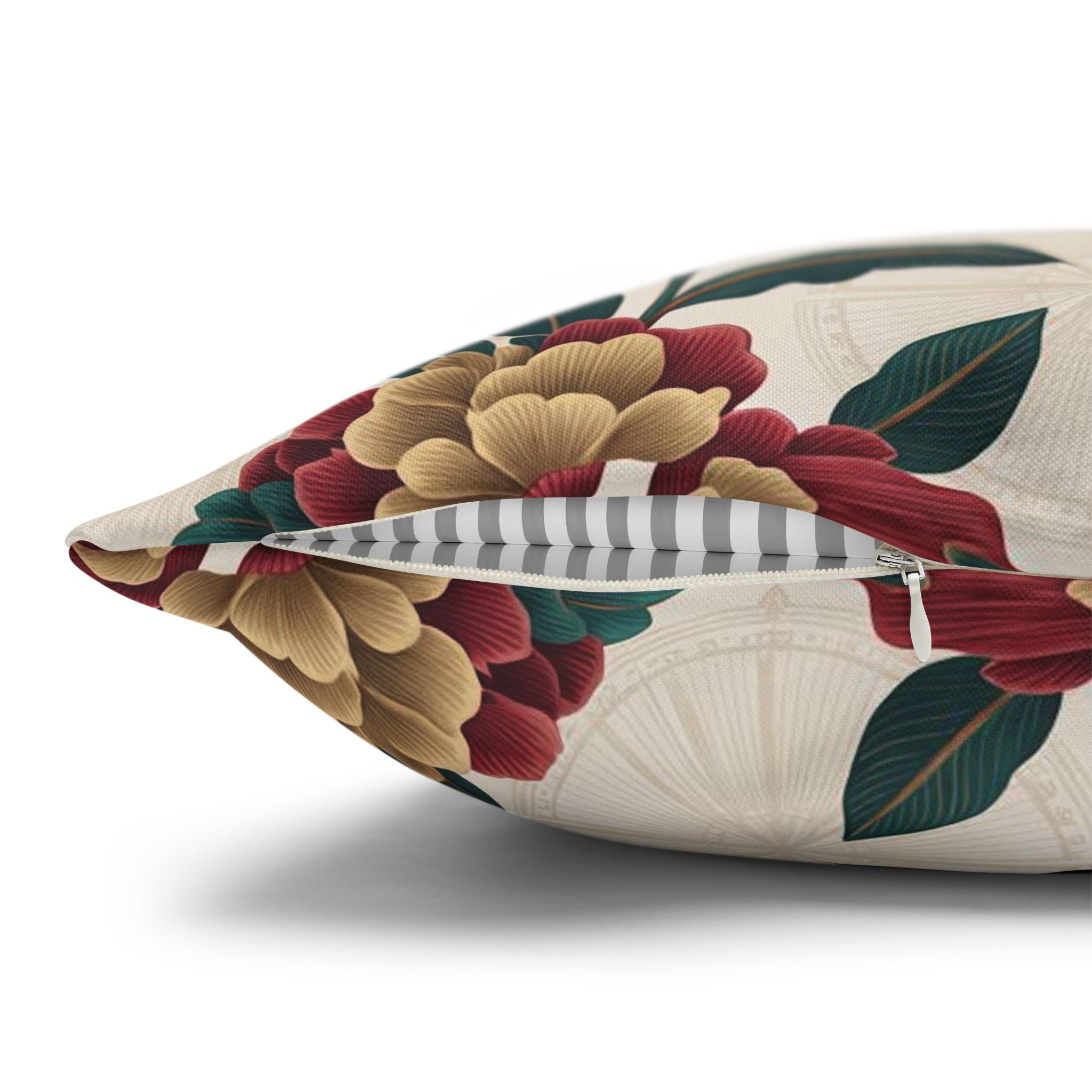 Vintage Floral Square Pillowcase — Red & Gold Peony Decorative Throw Pillow Cover