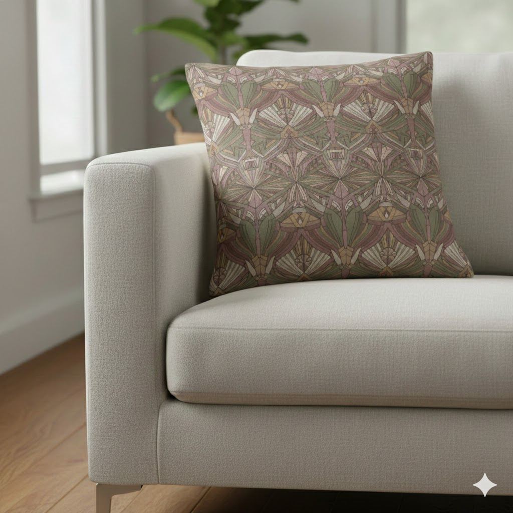 Art Nouveau Geometric Square Pillowcase — Earthy Floral Pattern Decorative Throw Pillow