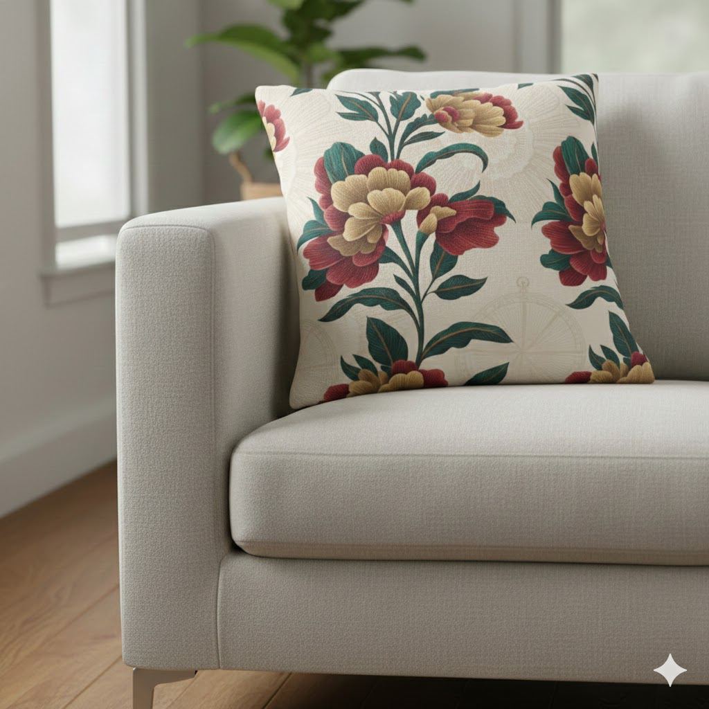 Vintage Floral Square Pillowcase — Red & Gold Peony Decorative Throw Pillow Cover