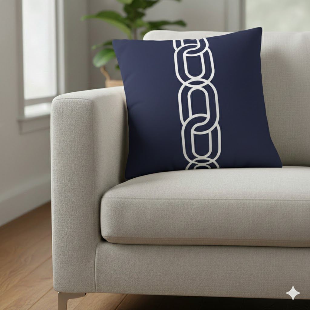 Navy Chain Design Pillowcase - Stylish Square Poly Canvas Cushion