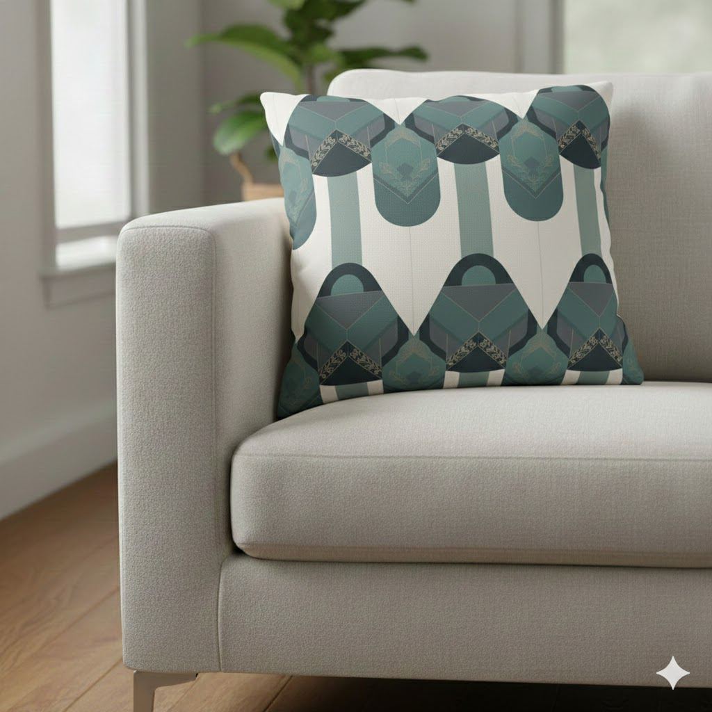 Geometric Teal Art Deco Square Throw Pillow Cover